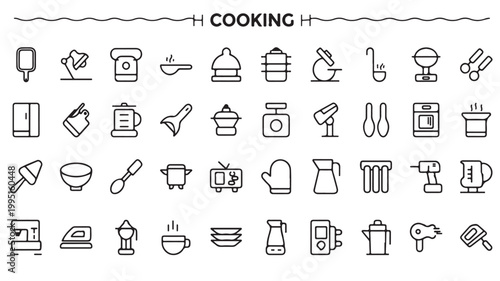 Kitchen Utensils Line Icons for Cooking Food Preparation and Culinary Equipment Graphics