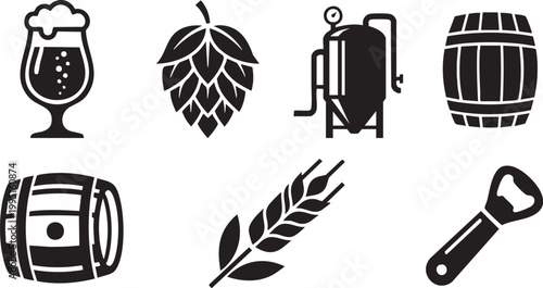 Craft Beer Brewing, Microbrewery Equipment and Artisan Beverage Ingredients Side Profile Silhouette Icon Set Vector Illustration