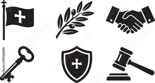 Peace and Conflict Resolution, Diplomatic Negotiation and Legal Justice Silhouette Icon Set Vector Illustration