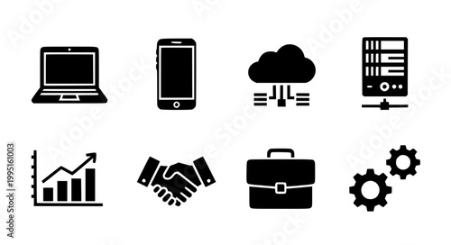 Business Technology Silhouette Icon Set 8 Corporate Finance Tech Vector Collection