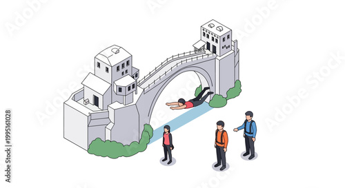 Isometric Illustration of a Bungee Jumper and Spectators on a Bridge.