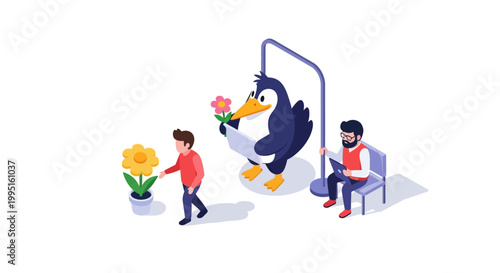 Cartoon penguin with flowers and a laptop interacting with people in a park setting.