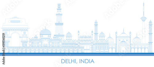 Outline Skyline panorama of city of Delhi, India - vector illustration