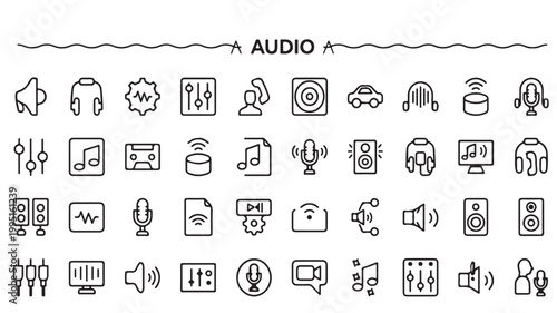 Audio icons set including speakers, headphones, microphones, and music symbols on white background for sound and music concepts