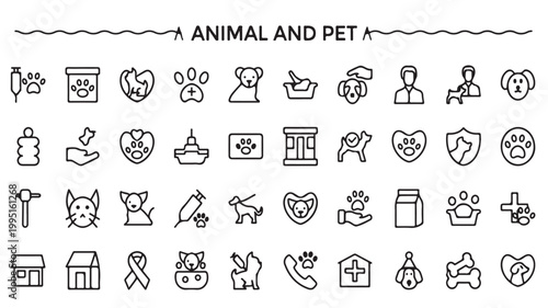 Veterinary Line Icons Set: Pet Care, Animal Clinics and Grooming Symbols