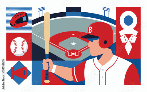 Abstract Baseball Vector Illustration: Player with Bat, Ball, and Stadium Field