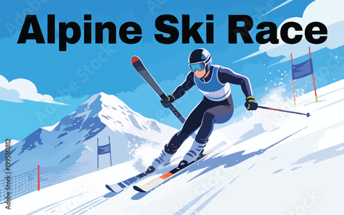 Alpine Ski Race Illustration: Professional Skier Fast Downhill Slalom Action Vector