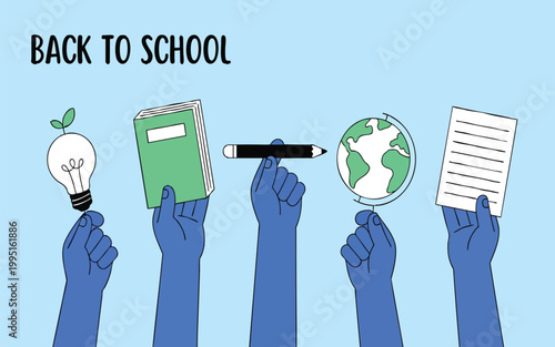 Back to School Concept with Hands Holding Education Icons in Minimalist Flat Style