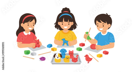 Three children are joyfully crafting various colorful animal figures out of clay while sitting together at a workshop table.