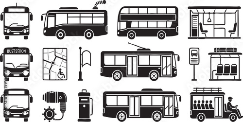 Bus Transportation Icon Set Black Silhouette Outline Isolated on Transparent Background
