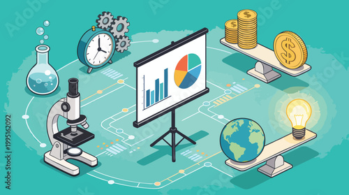Business Analytics and Strategic Innovation Concept with Isometric Science Icons