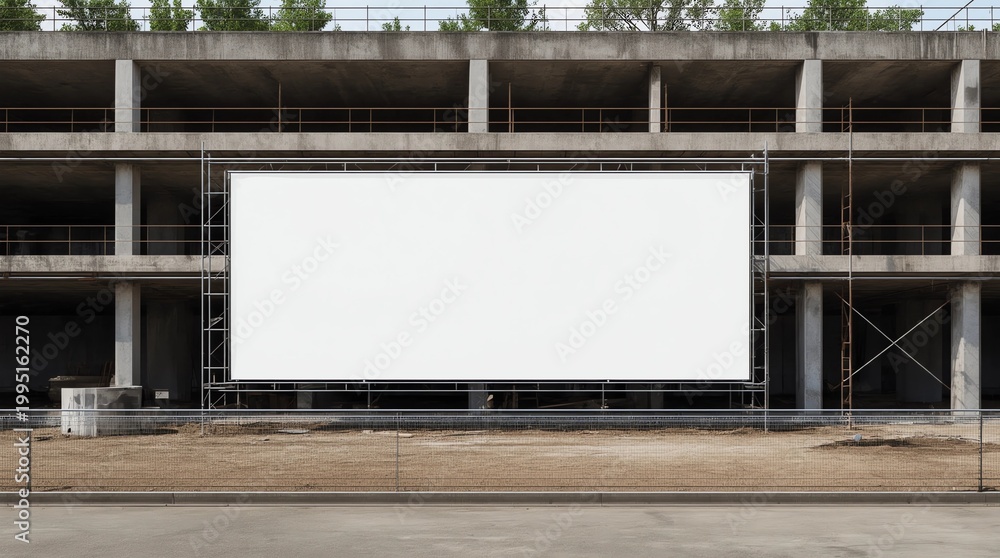 Obraz premium Blank white banner for advertisement mounted on the fence of construction site on a sunny day