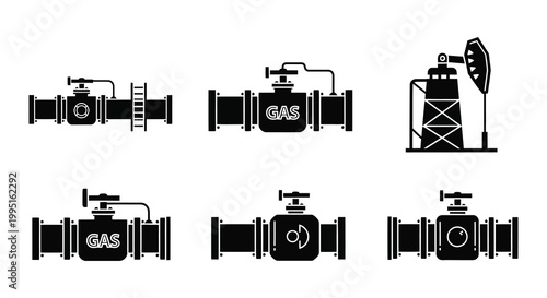 Industrial gas valves and equipment depicted in a stark black silhouette