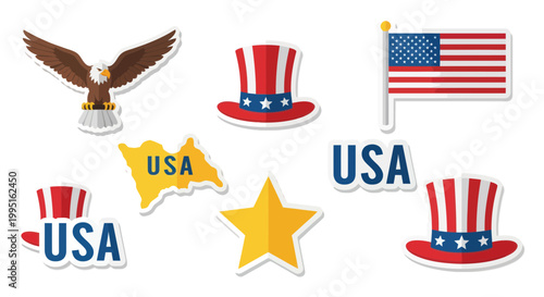 USA Patriotic Symbols Collection: Eagle, Flag, Uncle Sam Hats, Star, Map