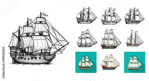 Vintage Sailing Ships Collection: Vintage Galleon, Frigate, Schooner, Clipper - Vector Illustrations