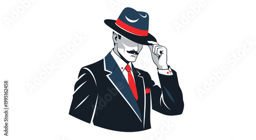 Dapper Gentleman in Fedora Hat, Suit, and Tie - Vintage Style Illustration