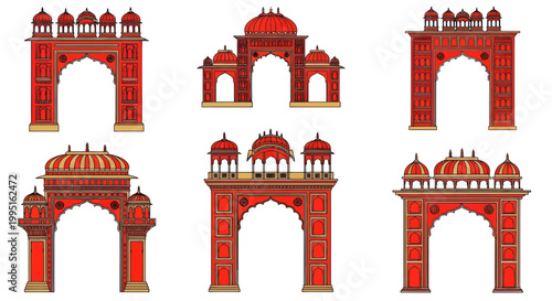 Collection of Traditional Indian Gates and Arches with Red and Gold Ornate Details