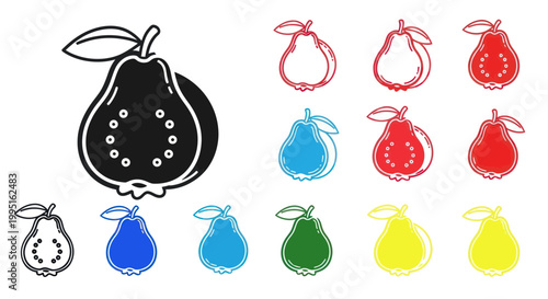 Guava Icons Set: Silhouette, Outline, Color Variations