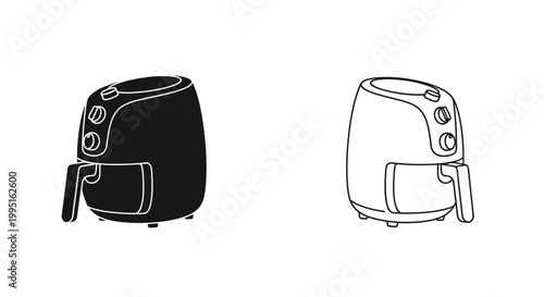 Two air fryers depicted in contrasting styles solid and outlined silhouette