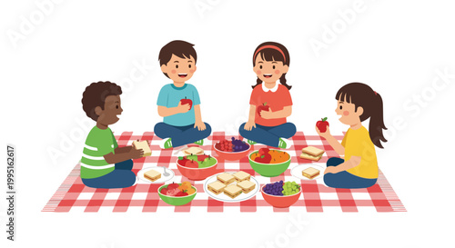 Four diverse children sit on a red checkered blanket, happily sharing a picnic meal consisting of sandwiches and fresh fruit.