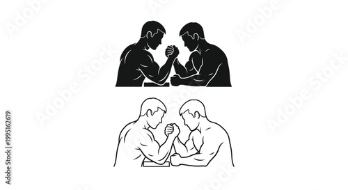 Two men engaged in an intense arm wrestling match a dark silhouette