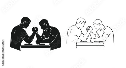 Two men engaging in an intense arm wrestling match black silhouette