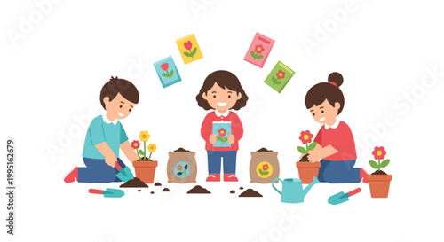 Three happy children are shown gardening together, planting flowers in pots with various tools, soil bags, and seed packets around them.