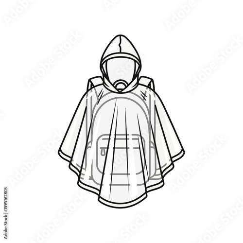 Illustration of a hooded poncho with a front pocket, designed for outdoor activities and weather protection