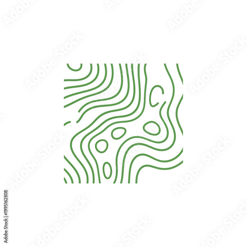 Green topographic map lines depicting a contoured landscape, evoking nature and outdoor adventure
