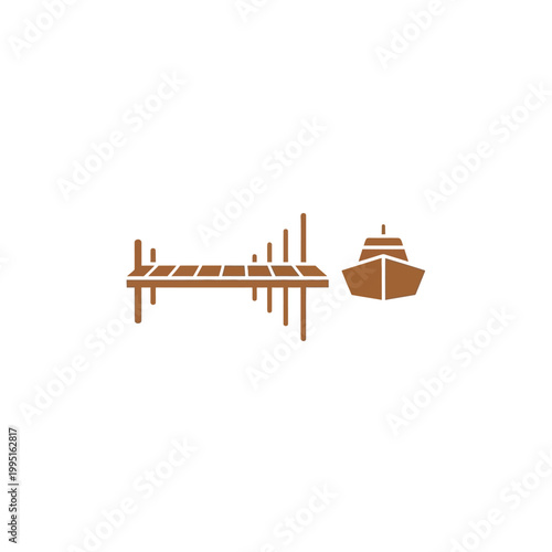 A clean and simple graphic icon showing a wooden pier next to a boat, representing calm waterfront leisure, boating, and marine transportation