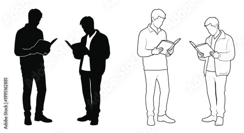 Four men reading books transitioning from full outline to solid silhouette