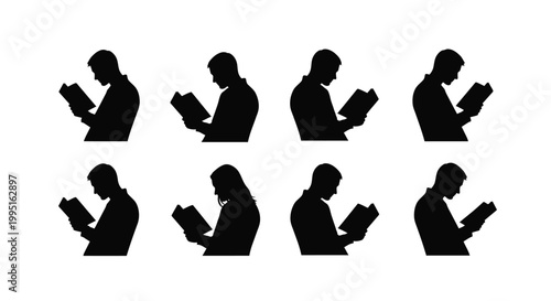 Eight figures reading books in a minimalist black silhouette