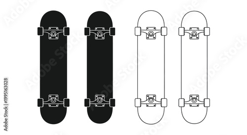 Four skateboard designs shown in contrasting black and white silhouette