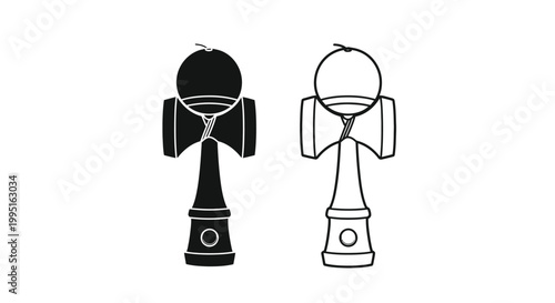 Two japanese kendama toys displayed in a stark black silhouette