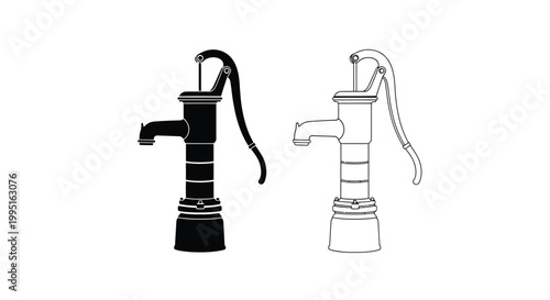 Two vintage water pumps depicted in contrasting styles a silhouette