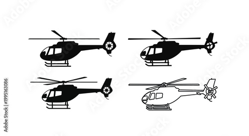 Four helicopter designs shown in a stark black silhouette