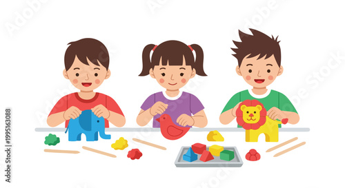 Three children are happily sitting at a table, creating colorful clay models of an elephant, a bird, and a lion using various craft tools.