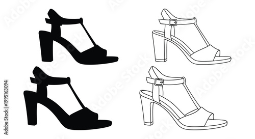 Two pairs of high heeled sandals presented in contrasting styles silhouette