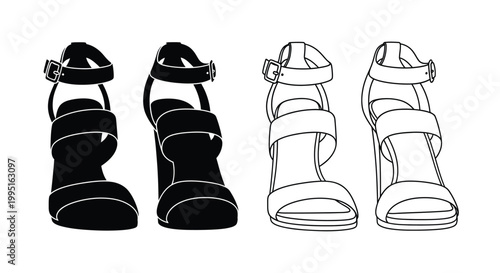 Elegant high heeled sandals displayed in contrasting black and white silhouette