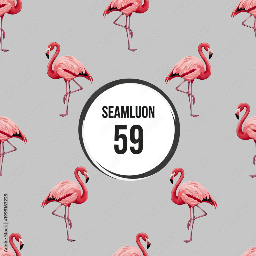 Fototapeta premium Seamless pattern design featuring elegant pink flamingos on a neutral grey background.