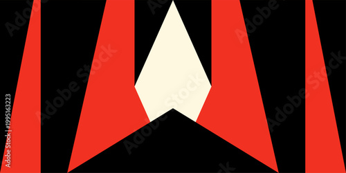 Abstract symmetrical design featuring elongated red and black forms framing a central diamond shape, creating a bold geometric composition with strong visual rhythm