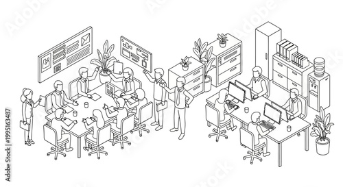 Isometric illustration of a modern office space with two distinct work areas: a conference room meeting and a desk area with computers.