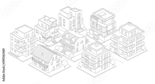 Isometric architectural drawing showcasing a diverse collection of modern residential buildings and traditional houses in an urban setting.