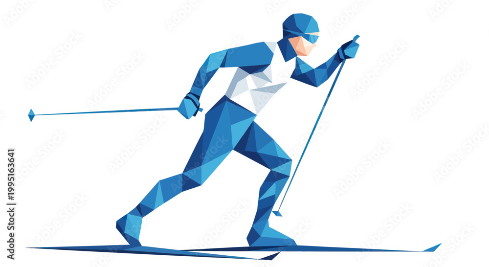Obraz premium Cross-country skier, low poly, dynamic action, winter sport, blue and white