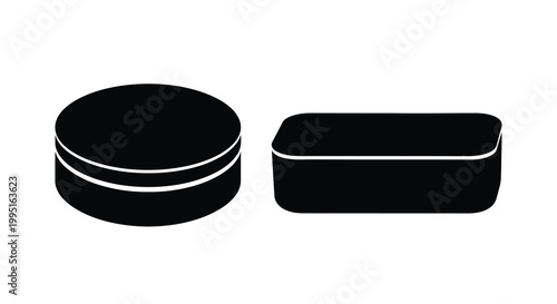 Two black containers a cylinder and rectangle in simple silhouette