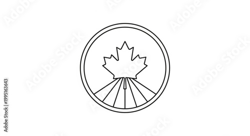 Line art badge of a maple leaf over a field landscape vector