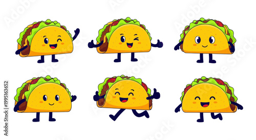 Cute Taco Characters Waving, Winking, and Thumbs Up - Fun Food Illustration