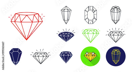 Gemstone Icons Set: Diamonds, Crystals, Jewels - Vector Graphics