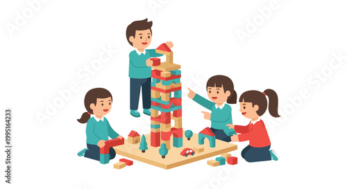 A group of enthusiastic kids are working together to construct an impressive tower using various colorful wooden building blocks.