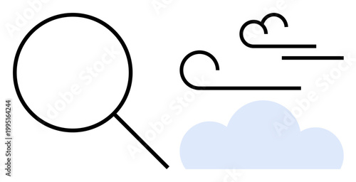 Exploration, weather, environmental studies, research, observation, climate analysis. Magnifying glass, cloud and wind icons on a white background. Exploration and weather concept in flat design
